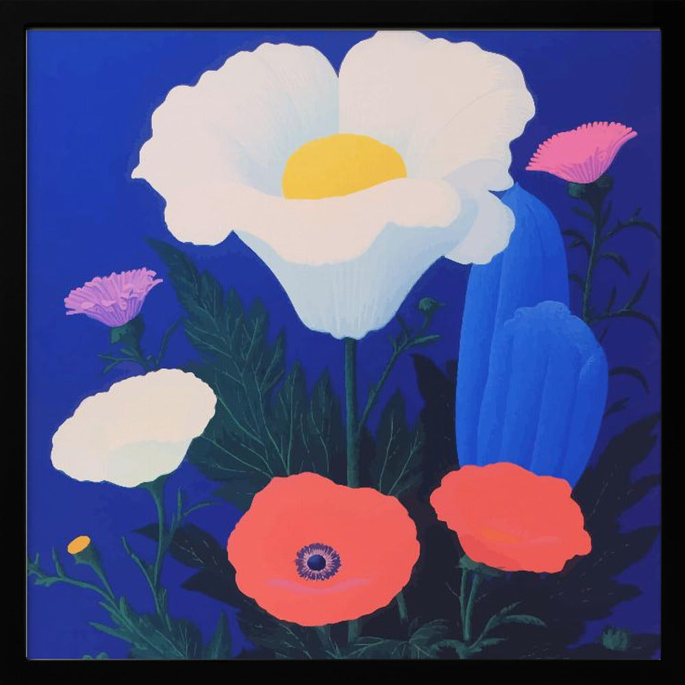 A vibrant, stylized painting of a bouquet of colorful poppies against a solid, deep blue background, enclosed in a light wood frame. The central flower is a large white poppy with a bright yellow center, surrounded by smaller red, pink, and white poppies, along with dark green leaves. Artwork