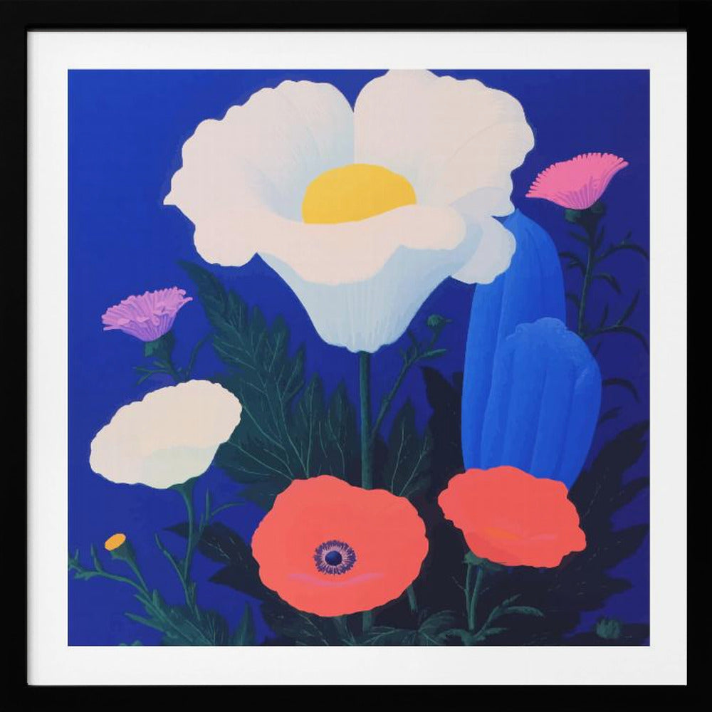 A vibrant, stylized painting of a bouquet of colorful poppies against a solid, deep blue background, enclosed in a light wood frame. The central flower is a large white poppy with a bright yellow center, surrounded by smaller red, pink, and white poppies, along with dark green leaves. Artwork