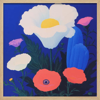 A vibrant, stylized painting of a bouquet of colorful poppies against a solid, deep blue background, enclosed in a light wood frame. The central flower is a large white poppy with a bright yellow center, surrounded by smaller red, pink, and white poppies, along with dark green leaves. Artwork