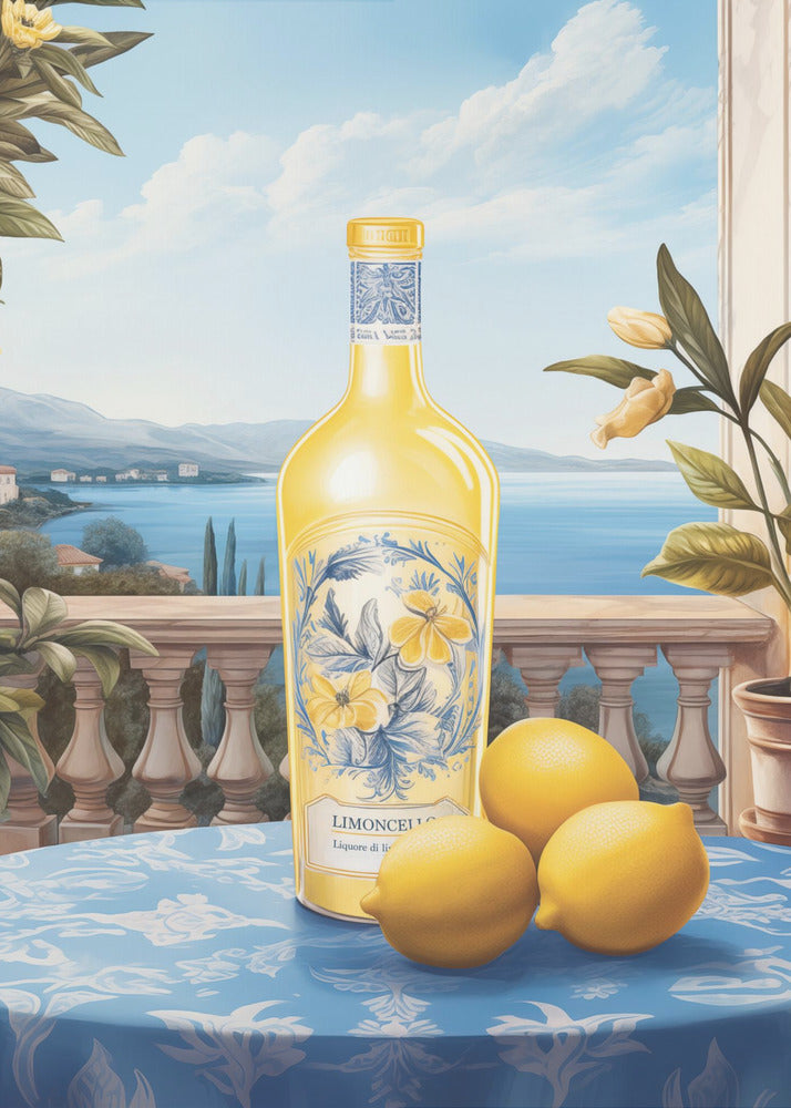 A vintage-style painting of a bottle of limoncello and three fresh lemons on a blue patterned tablecloth. The scene is set on a balcony with a stone balustrade, overlooking a serene blue sea and a picturesque coastal town under a bright sky. Poster