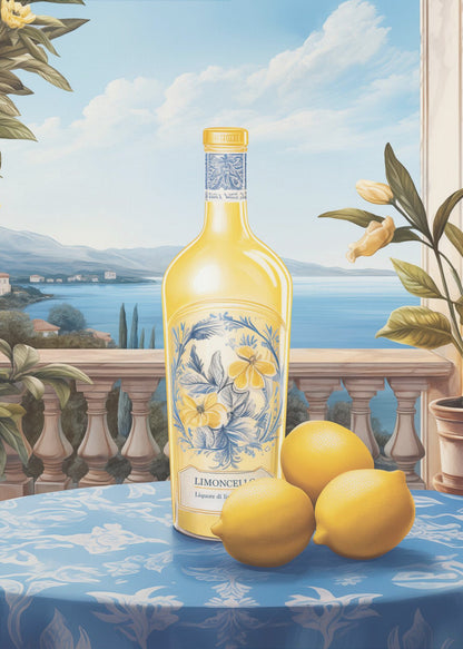 A vintage-style painting of a bottle of limoncello and three fresh lemons on a blue patterned tablecloth. The scene is set on a balcony with a stone balustrade, overlooking a serene blue sea and a picturesque coastal town under a bright sky. Poster