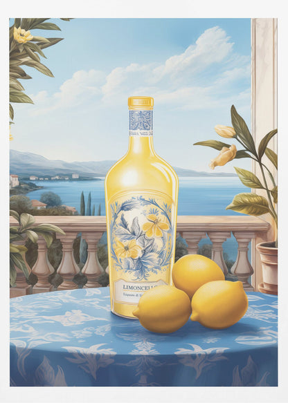 A vintage-style painting of a bottle of limoncello and three fresh lemons on a blue patterned tablecloth. The scene is set on a balcony with a stone balustrade, overlooking a serene blue sea and a picturesque coastal town under a bright sky. Poster