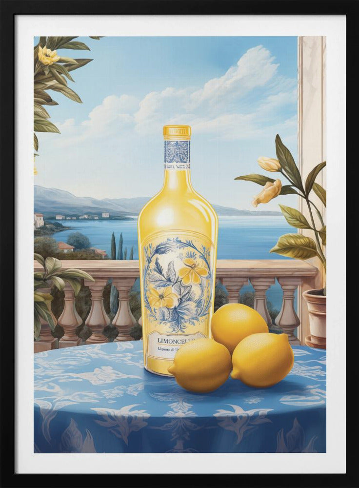 A vintage-style painting of a bottle of limoncello and three fresh lemons on a blue patterned tablecloth. The scene is set on a balcony with a stone balustrade, overlooking a serene blue sea and a picturesque coastal town under a bright sky. Poster