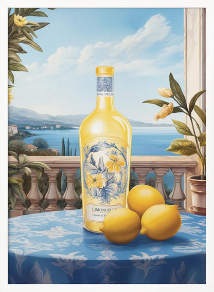 A vintage-style painting of a bottle of limoncello and three fresh lemons on a blue patterned tablecloth. The scene is set on a balcony with a stone balustrade, overlooking a serene blue sea and a picturesque coastal town under a bright sky. Poster