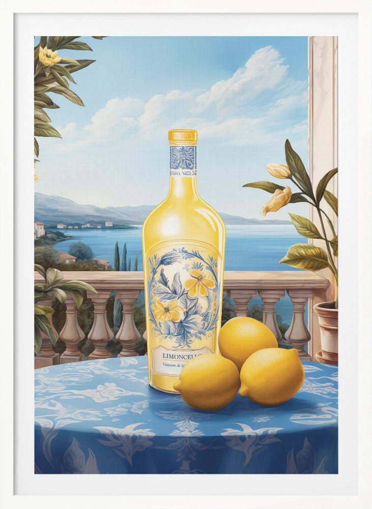 A vintage-style painting of a bottle of limoncello and three fresh lemons on a blue patterned tablecloth. The scene is set on a balcony with a stone balustrade, overlooking a serene blue sea and a picturesque coastal town under a bright sky. Poster