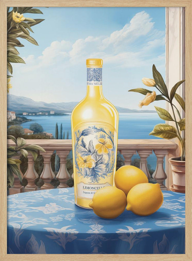A vintage-style painting of a bottle of limoncello and three fresh lemons on a blue patterned tablecloth. The scene is set on a balcony with a stone balustrade, overlooking a serene blue sea and a picturesque coastal town under a bright sky. Poster