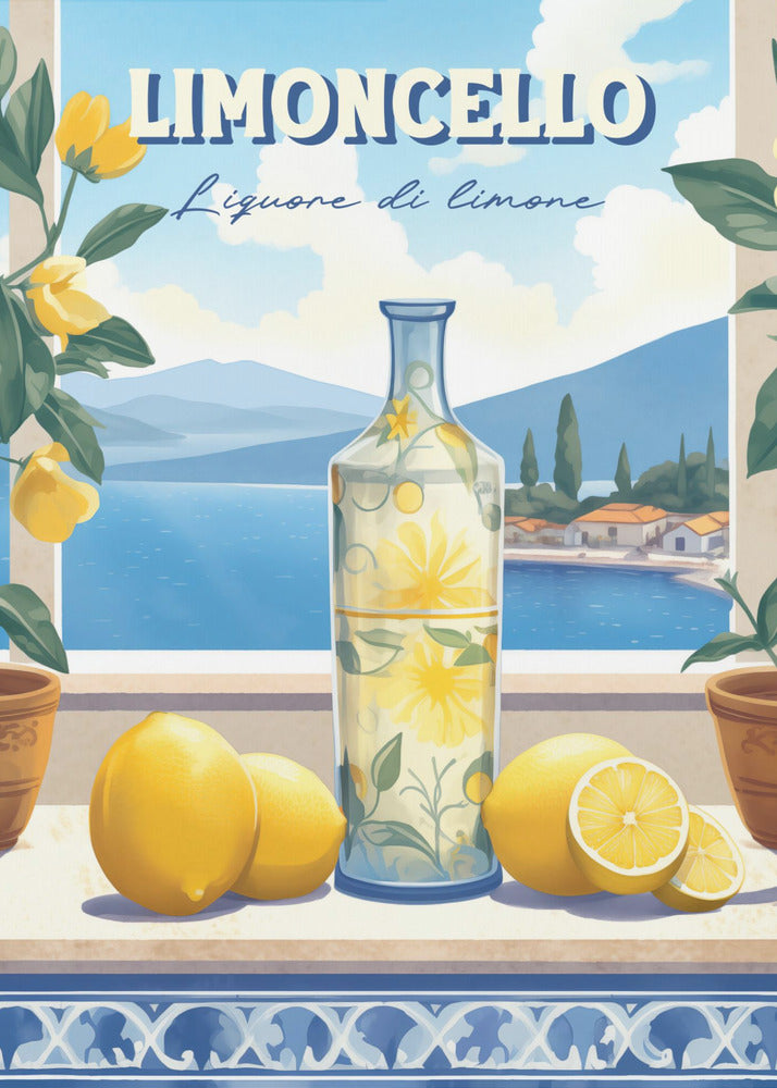 A vintage-style art print advertising Limoncello. A decorative bottle and fresh lemons sit on a tiled ledge overlooking a scenic Italian coastal village and blue sea, framed by lemon branches. Artwork