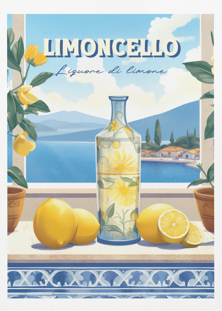 A vintage-style art print advertising Limoncello. A decorative bottle and fresh lemons sit on a tiled ledge overlooking a scenic Italian coastal village and blue sea, framed by lemon branches. Artwork