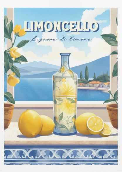 A vintage-style art print advertising Limoncello. A decorative bottle and fresh lemons sit on a tiled ledge overlooking a scenic Italian coastal village and blue sea, framed by lemon branches. Artwork