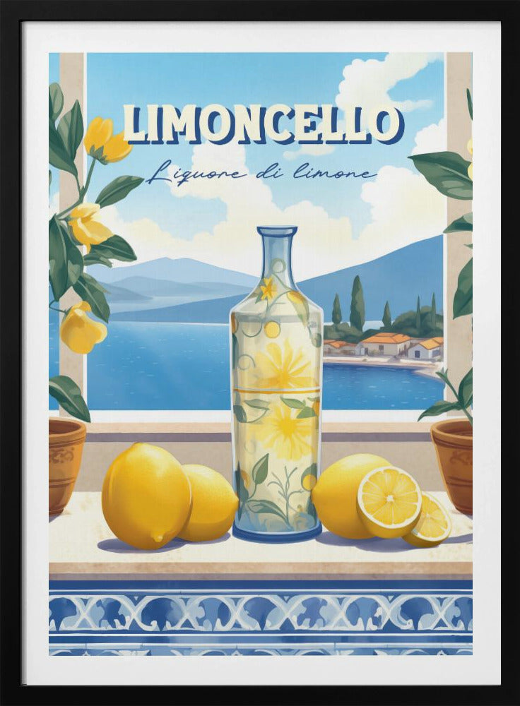A vintage-style art print advertising Limoncello. A decorative bottle and fresh lemons sit on a tiled ledge overlooking a scenic Italian coastal village and blue sea, framed by lemon branches. Artwork