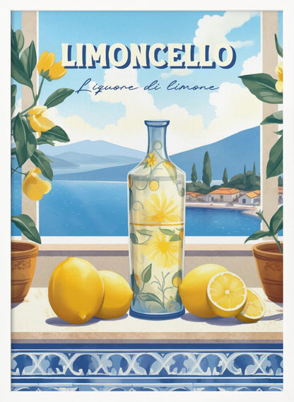 A vintage-style art print advertising Limoncello. A decorative bottle and fresh lemons sit on a tiled ledge overlooking a scenic Italian coastal village and blue sea, framed by lemon branches. Artwork