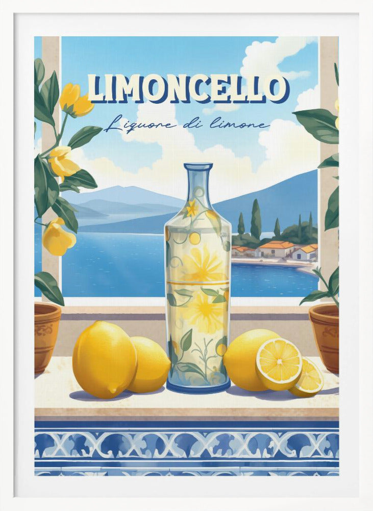 A vintage-style art print advertising Limoncello. A decorative bottle and fresh lemons sit on a tiled ledge overlooking a scenic Italian coastal village and blue sea, framed by lemon branches. Artwork