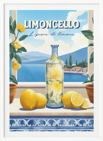 A vintage-style art print advertising Limoncello. A decorative bottle and fresh lemons sit on a tiled ledge overlooking a scenic Italian coastal village and blue sea, framed by lemon branches. Artwork