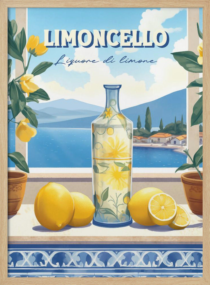 A vintage-style art print advertising Limoncello. A decorative bottle and fresh lemons sit on a tiled ledge overlooking a scenic Italian coastal village and blue sea, framed by lemon branches. Artwork