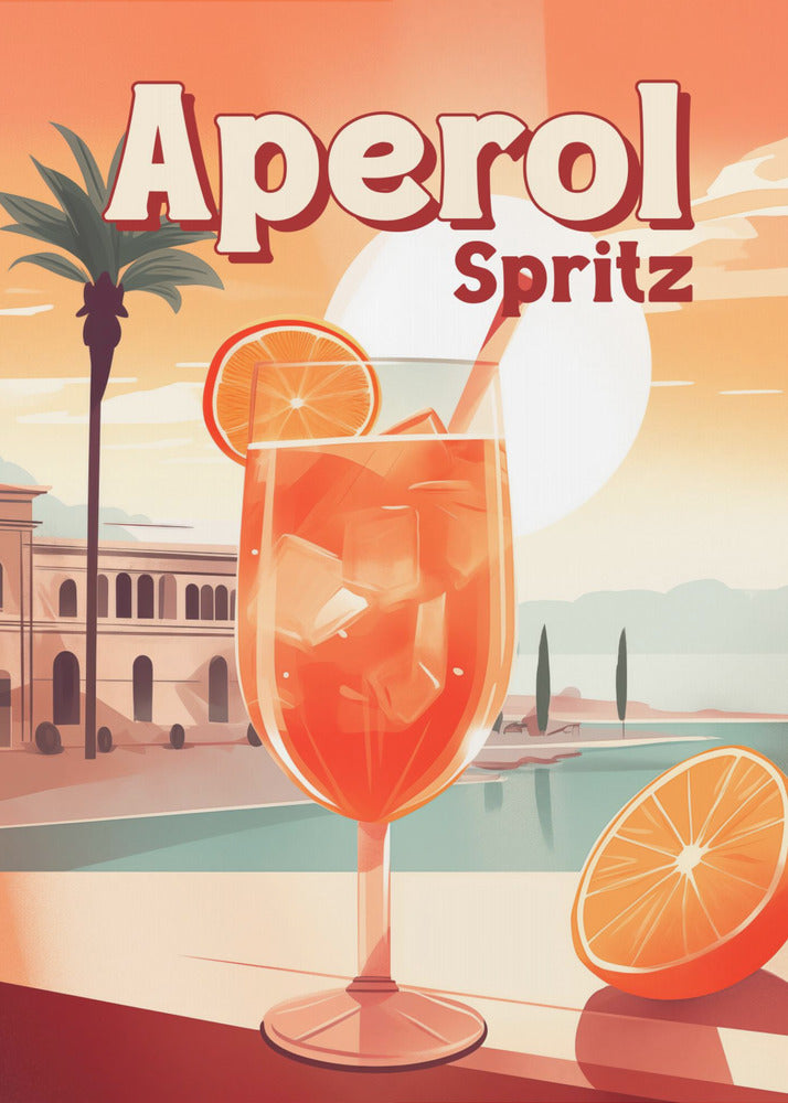 A vintage-style travel poster advertising Aperol Spritz. A large, inviting glass of the bright orange cocktail filled with ice and garnished with an orange slice sits in the foreground. The background features a sunny, idyllic Mediterranean scene with a palm tree, classic buildings, and a serene body of water under a large, pale sun. Wall Art