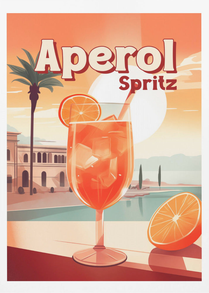 A vintage-style travel poster advertising Aperol Spritz. A large, inviting glass of the bright orange cocktail filled with ice and garnished with an orange slice sits in the foreground. The background features a sunny, idyllic Mediterranean scene with a palm tree, classic buildings, and a serene body of water under a large, pale sun. Wall Art
