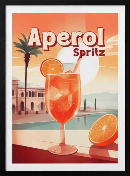 A vintage-style travel poster advertising Aperol Spritz. A large, inviting glass of the bright orange cocktail filled with ice and garnished with an orange slice sits in the foreground. The background features a sunny, idyllic Mediterranean scene with a palm tree, classic buildings, and a serene body of water under a large, pale sun. Wall Art