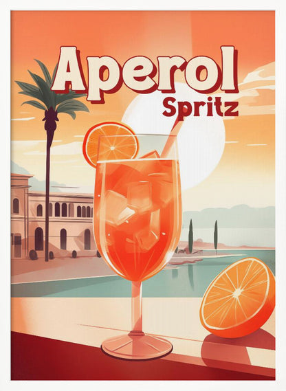 A vintage-style travel poster advertising Aperol Spritz. A large, inviting glass of the bright orange cocktail filled with ice and garnished with an orange slice sits in the foreground. The background features a sunny, idyllic Mediterranean scene with a palm tree, classic buildings, and a serene body of water under a large, pale sun. Wall Art