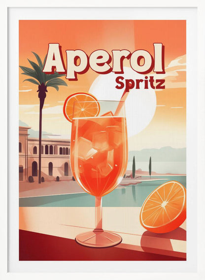 A vintage-style travel poster advertising Aperol Spritz. A large, inviting glass of the bright orange cocktail filled with ice and garnished with an orange slice sits in the foreground. The background features a sunny, idyllic Mediterranean scene with a palm tree, classic buildings, and a serene body of water under a large, pale sun. Wall Art