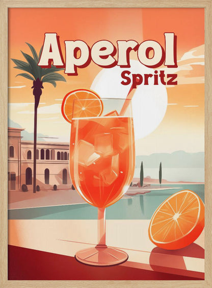 A vintage-style travel poster advertising Aperol Spritz. A large, inviting glass of the bright orange cocktail filled with ice and garnished with an orange slice sits in the foreground. The background features a sunny, idyllic Mediterranean scene with a palm tree, classic buildings, and a serene body of water under a large, pale sun. Wall Art