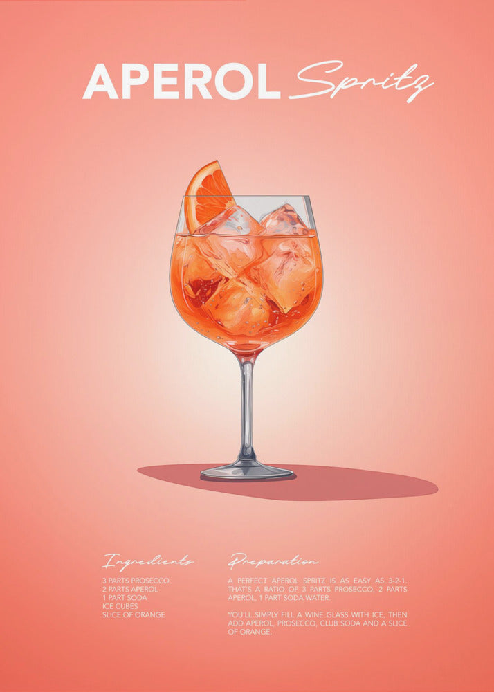 A minimalist art poster for an Aperol Spritz cocktail, featuring a detailed illustration of the vibrant orange drink in a wine glass, garnished with an orange slice. The poster has a salmon-pink background with the recipe's ingredients and preparation instructions at the bottom in a stylized white font. Print
