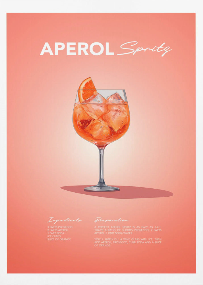 A minimalist art poster for an Aperol Spritz cocktail, featuring a detailed illustration of the vibrant orange drink in a wine glass, garnished with an orange slice. The poster has a salmon-pink background with the recipe's ingredients and preparation instructions at the bottom in a stylized white font. Print