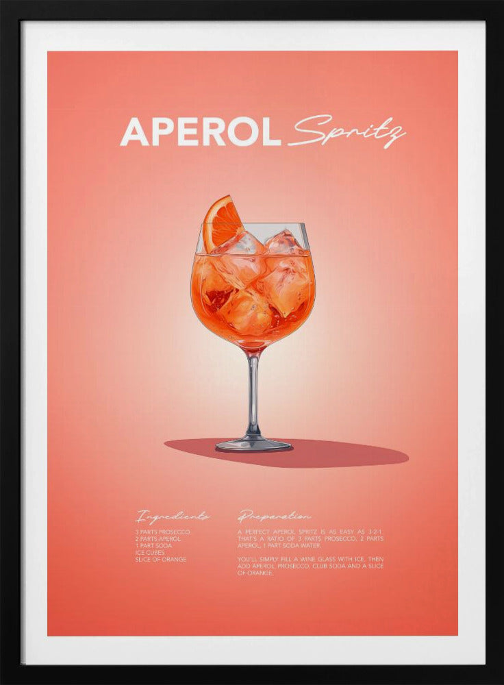 A minimalist art poster for an Aperol Spritz cocktail, featuring a detailed illustration of the vibrant orange drink in a wine glass, garnished with an orange slice. The poster has a salmon-pink background with the recipe's ingredients and preparation instructions at the bottom in a stylized white font. Print