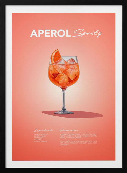 A minimalist art poster for an Aperol Spritz cocktail, featuring a detailed illustration of the vibrant orange drink in a wine glass, garnished with an orange slice. The poster has a salmon-pink background with the recipe's ingredients and preparation instructions at the bottom in a stylized white font. Print