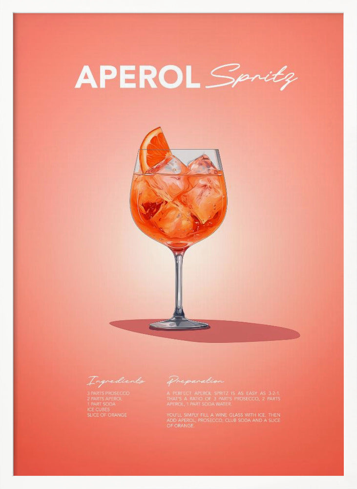 A minimalist art poster for an Aperol Spritz cocktail, featuring a detailed illustration of the vibrant orange drink in a wine glass, garnished with an orange slice. The poster has a salmon-pink background with the recipe's ingredients and preparation instructions at the bottom in a stylized white font. Print