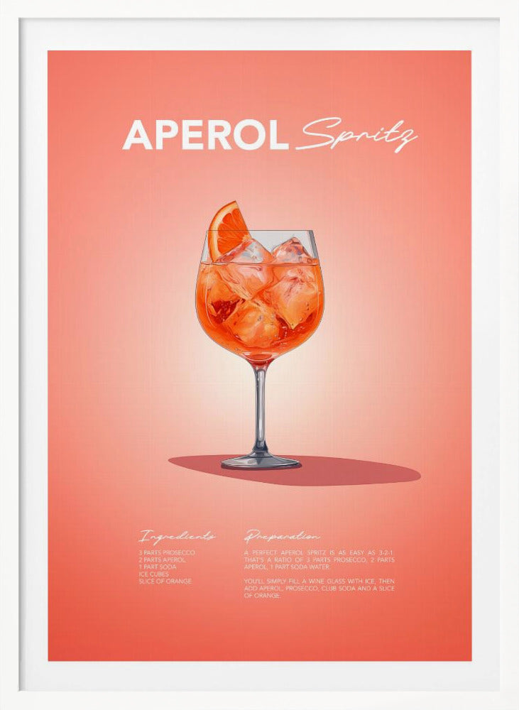 A minimalist art poster for an Aperol Spritz cocktail, featuring a detailed illustration of the vibrant orange drink in a wine glass, garnished with an orange slice. The poster has a salmon-pink background with the recipe's ingredients and preparation instructions at the bottom in a stylized white font. Print