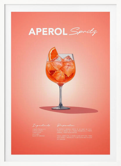 A minimalist art poster for an Aperol Spritz cocktail, featuring a detailed illustration of the vibrant orange drink in a wine glass, garnished with an orange slice. The poster has a salmon-pink background with the recipe's ingredients and preparation instructions at the bottom in a stylized white font. Print