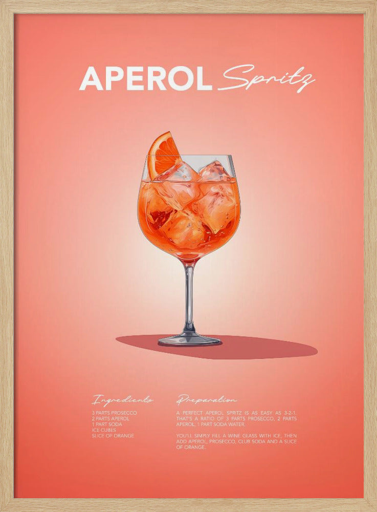 A minimalist art poster for an Aperol Spritz cocktail, featuring a detailed illustration of the vibrant orange drink in a wine glass, garnished with an orange slice. The poster has a salmon-pink background with the recipe's ingredients and preparation instructions at the bottom in a stylized white font. Print