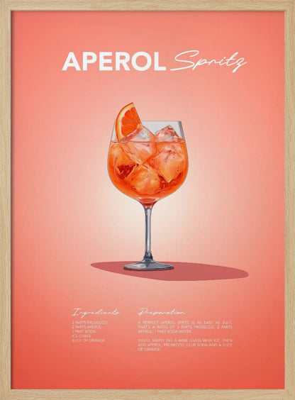 A minimalist art poster for an Aperol Spritz cocktail, featuring a detailed illustration of the vibrant orange drink in a wine glass, garnished with an orange slice. The poster has a salmon-pink background with the recipe's ingredients and preparation instructions at the bottom in a stylized white font. Print