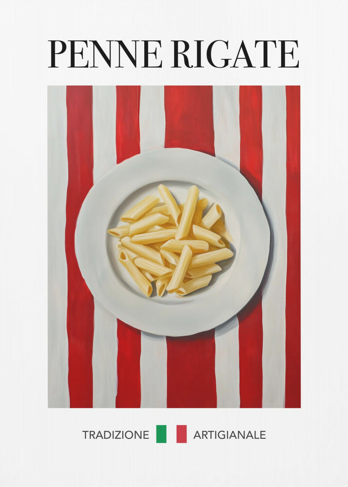 A framed art print featuring a painted illustration of a white plate of penne rigate pasta. The plate is centered on a background of bold red and white vertical stripes. At the top, the words 'PENNE RIGATE' are printed in a black serif font. At the bottom, the Italian words 'TRADIZIONE' and 'ARTIGIANALE' are shown with small green and red squares, evoking the Italian flag. Artwork