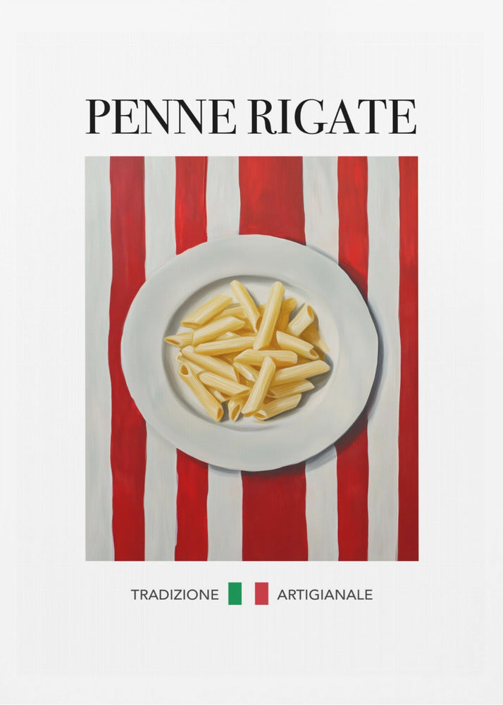 A framed art print featuring a painted illustration of a white plate of penne rigate pasta. The plate is centered on a background of bold red and white vertical stripes. At the top, the words 'PENNE RIGATE' are printed in a black serif font. At the bottom, the Italian words 'TRADIZIONE' and 'ARTIGIANALE' are shown with small green and red squares, evoking the Italian flag. Artwork