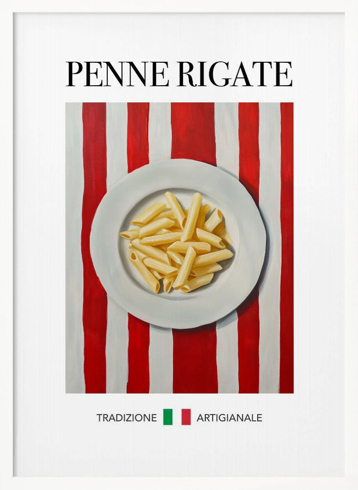 A framed art print featuring a painted illustration of a white plate of penne rigate pasta. The plate is centered on a background of bold red and white vertical stripes. At the top, the words 'PENNE RIGATE' are printed in a black serif font. At the bottom, the Italian words 'TRADIZIONE' and 'ARTIGIANALE' are shown with small green and red squares, evoking the Italian flag. Artwork