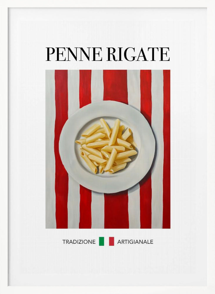 A framed art print featuring a painted illustration of a white plate of penne rigate pasta. The plate is centered on a background of bold red and white vertical stripes. At the top, the words 'PENNE RIGATE' are printed in a black serif font. At the bottom, the Italian words 'TRADIZIONE' and 'ARTIGIANALE' are shown with small green and red squares, evoking the Italian flag. Artwork
