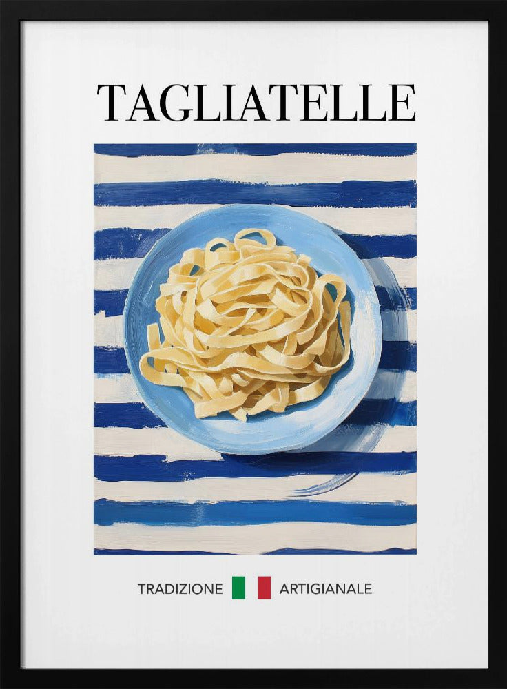 A vintage-style art print of a blue plate filled with tagliatelle pasta, set against a blue and white striped background. The word 'TAGLIATELLE' is printed at the top, and 'TRADIZIONE ARTIGIANALE' with an Italian flag is at the bottom. Artwork