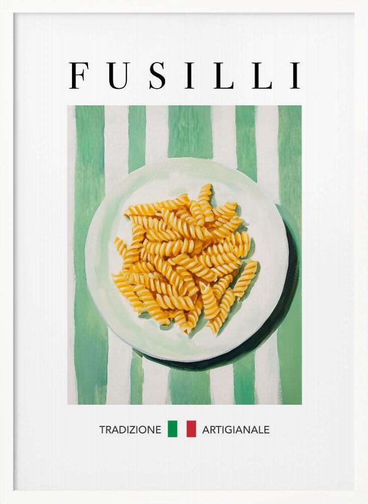 A vintage-style art print of a plate of fusilli pasta on a green and white striped background. The word 'FUSILLI' is printed at the top in black serif font. At the bottom, the words 'TRADIZIONE' and 'ARTIGIANALE' are separated by a small Italian flag icon. The poster is shown in a black frame. Wall Art