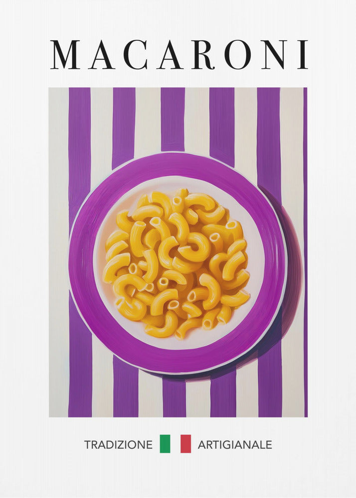 A framed art print of a modern painting depicting a purple plate of macaroni pasta. The plate is centered on a background of bold purple and white vertical stripes. The word 'MACARONI' is written in a large, black serif font at the top. At the bottom, the words 'TRADIZIONE' and 'ARTIGIANALE' are separated by a small Italian flag. Poster