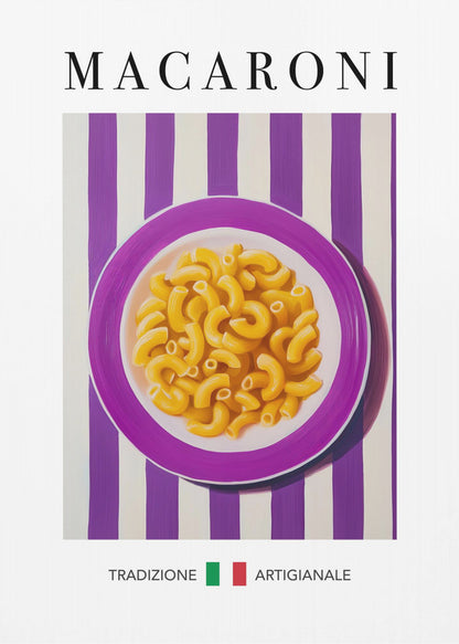 A framed art print of a modern painting depicting a purple plate of macaroni pasta. The plate is centered on a background of bold purple and white vertical stripes. The word 'MACARONI' is written in a large, black serif font at the top. At the bottom, the words 'TRADIZIONE' and 'ARTIGIANALE' are separated by a small Italian flag. Poster