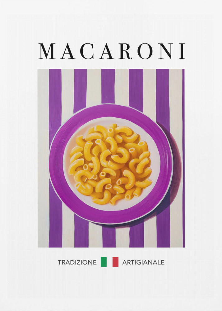 A framed art print of a modern painting depicting a purple plate of macaroni pasta. The plate is centered on a background of bold purple and white vertical stripes. The word 'MACARONI' is written in a large, black serif font at the top. At the bottom, the words 'TRADIZIONE' and 'ARTIGIANALE' are separated by a small Italian flag. Poster