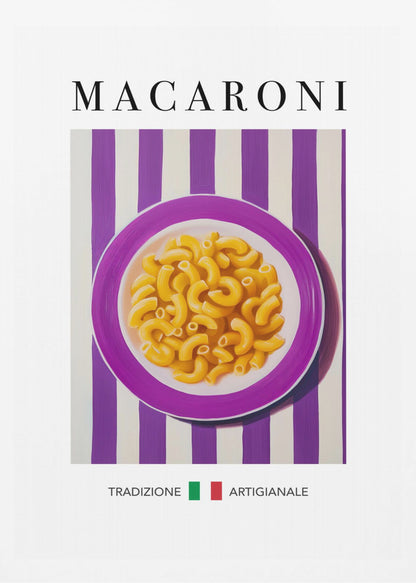 A framed art print of a modern painting depicting a purple plate of macaroni pasta. The plate is centered on a background of bold purple and white vertical stripes. The word 'MACARONI' is written in a large, black serif font at the top. At the bottom, the words 'TRADIZIONE' and 'ARTIGIANALE' are separated by a small Italian flag. Poster
