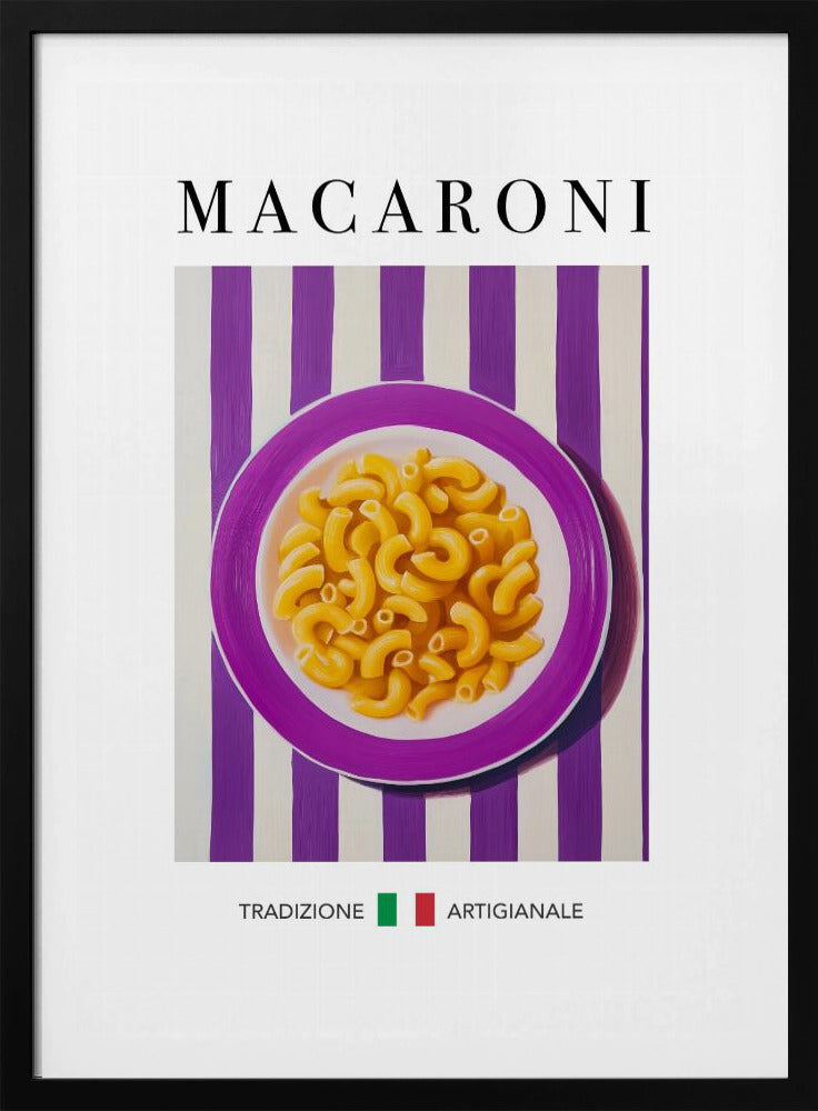 A framed art print of a modern painting depicting a purple plate of macaroni pasta. The plate is centered on a background of bold purple and white vertical stripes. The word 'MACARONI' is written in a large, black serif font at the top. At the bottom, the words 'TRADIZIONE' and 'ARTIGIANALE' are separated by a small Italian flag. Poster