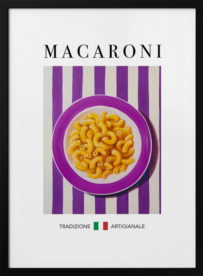 A framed art print of a modern painting depicting a purple plate of macaroni pasta. The plate is centered on a background of bold purple and white vertical stripes. The word 'MACARONI' is written in a large, black serif font at the top. At the bottom, the words 'TRADIZIONE' and 'ARTIGIANALE' are separated by a small Italian flag. Poster