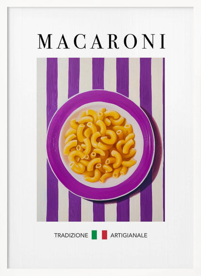 A framed art print of a modern painting depicting a purple plate of macaroni pasta. The plate is centered on a background of bold purple and white vertical stripes. The word 'MACARONI' is written in a large, black serif font at the top. At the bottom, the words 'TRADIZIONE' and 'ARTIGIANALE' are separated by a small Italian flag. Poster