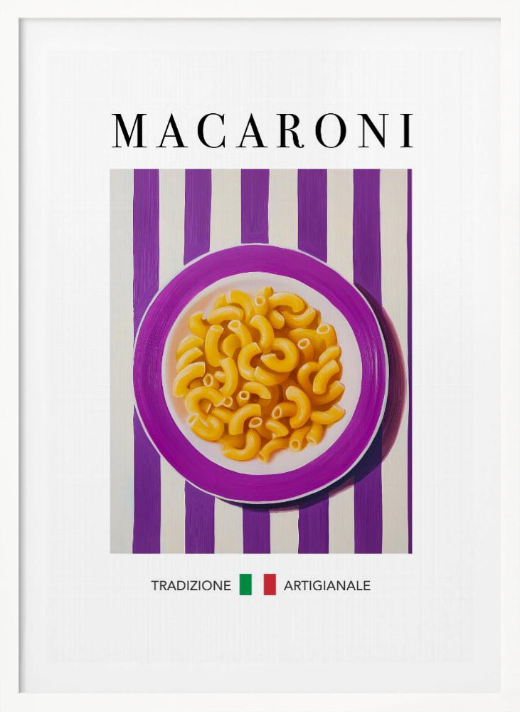 A framed art print of a modern painting depicting a purple plate of macaroni pasta. The plate is centered on a background of bold purple and white vertical stripes. The word 'MACARONI' is written in a large, black serif font at the top. At the bottom, the words 'TRADIZIONE' and 'ARTIGIANALE' are separated by a small Italian flag. Poster