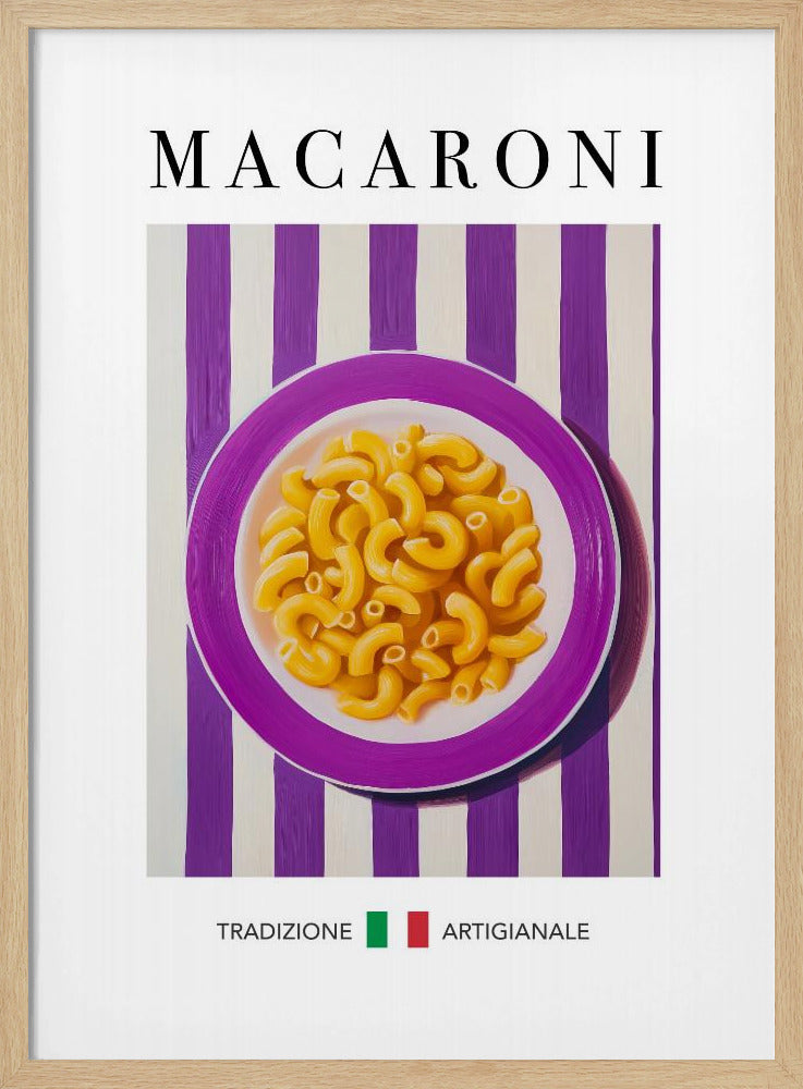 A framed art print of a modern painting depicting a purple plate of macaroni pasta. The plate is centered on a background of bold purple and white vertical stripes. The word 'MACARONI' is written in a large, black serif font at the top. At the bottom, the words 'TRADIZIONE' and 'ARTIGIANALE' are separated by a small Italian flag. Poster