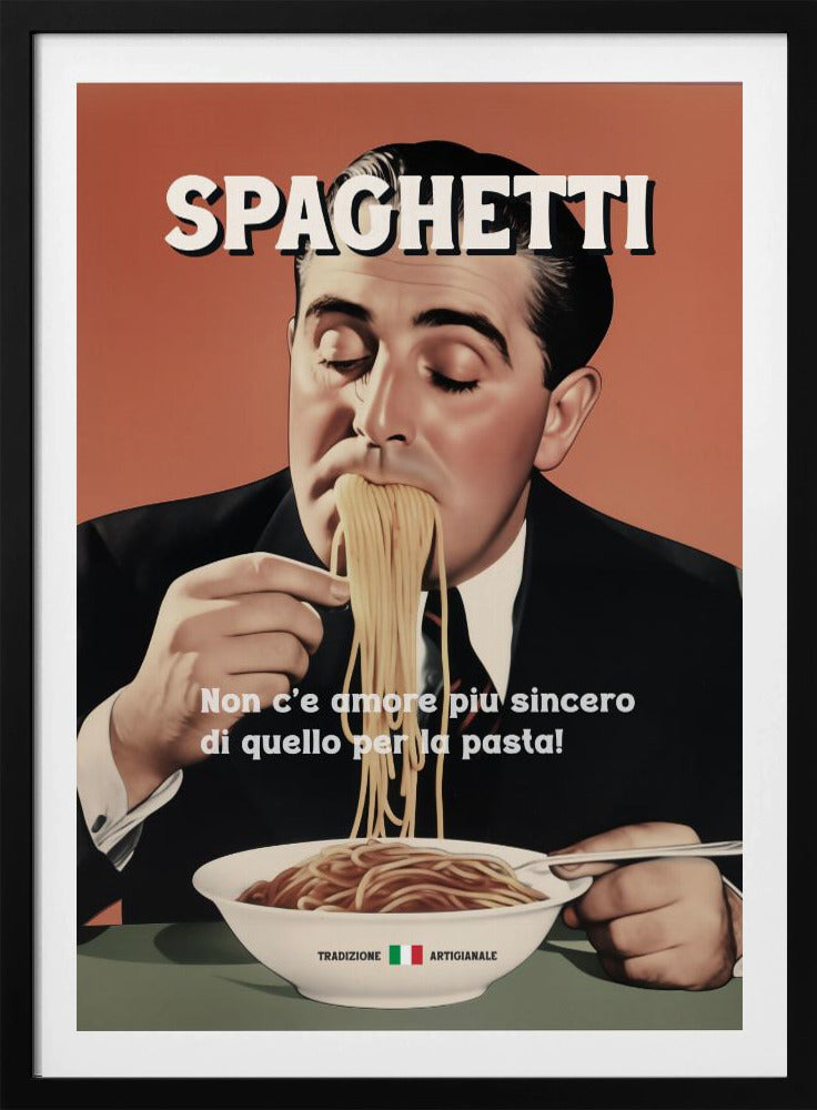 A vintage-style illustrated poster of a man in a suit with his eyes closed, blissfully eating a large mouthful of spaghetti from a white bowl. The word 'SPAGHETTI' is at the top, and Italian text is written over the bowl against a salmon-colored background. Print