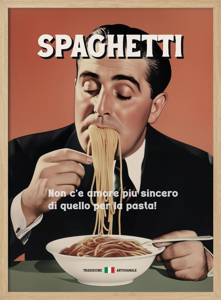 A vintage-style illustrated poster of a man in a suit with his eyes closed, blissfully eating a large mouthful of spaghetti from a white bowl. The word 'SPAGHETTI' is at the top, and Italian text is written over the bowl against a salmon-colored background. Print